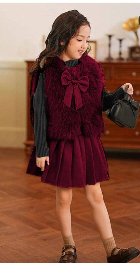 فستان بناتي شتوي فاخر – إطلالة بوردو راقية للأميرات